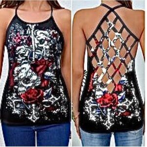 🆕Women's Red, Black, And White Skull and Rose Tank Top. Size XL. NWT.